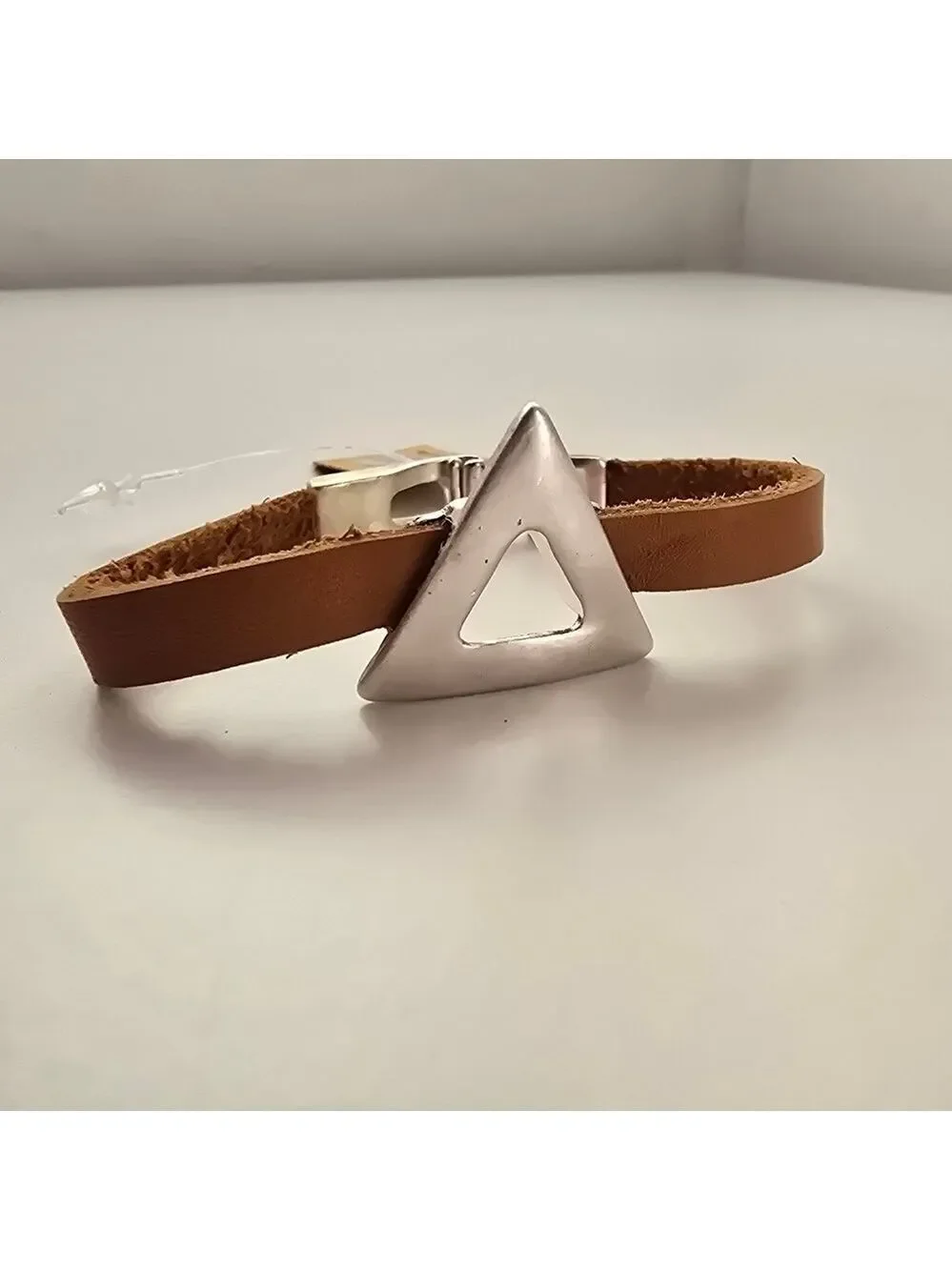 NWT Bohemian Antique Silver Geo Triangle Brown Faux Leather Bracelet